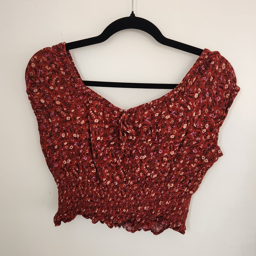 American Eagle Red Puff Sleeve Smocked Crop Blouse